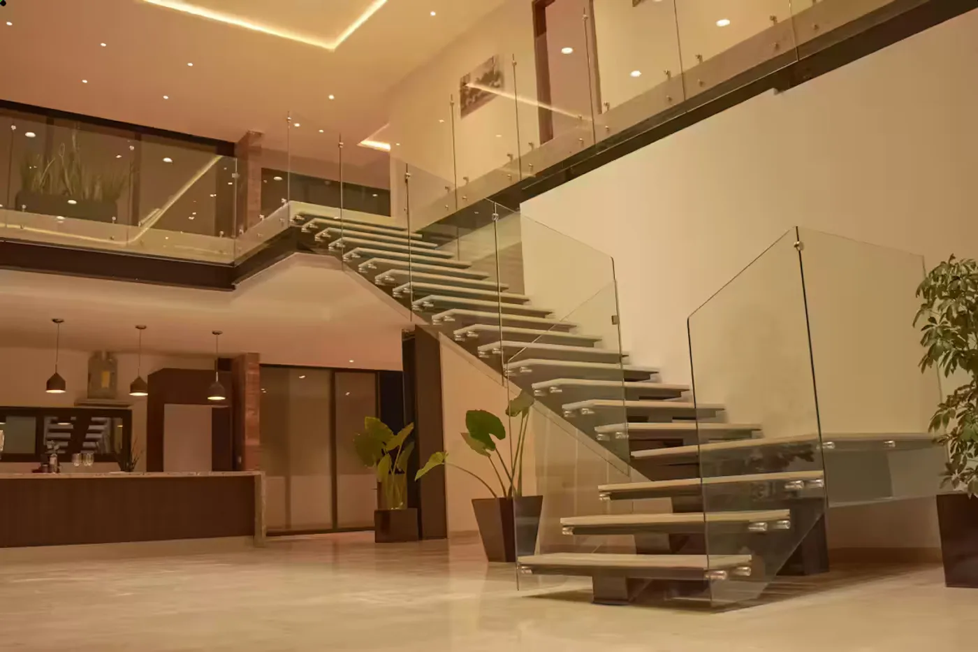 Hardwood floating stair installation in a Los Angeles home